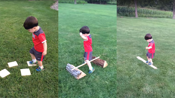 Little kid adorably dominates homemade obstacle course