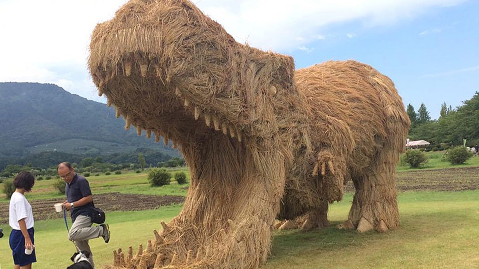 Giant straw dinosaur sculptures take over Japanese field