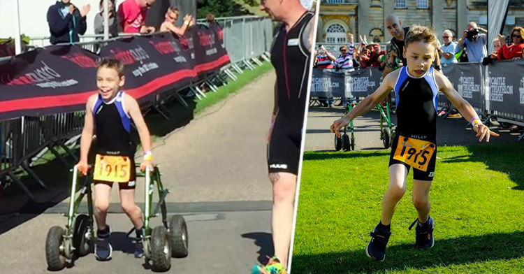 Niño con parálisis cerebral finaliza triatlón y cruza la meta sin la ayuda de su andador