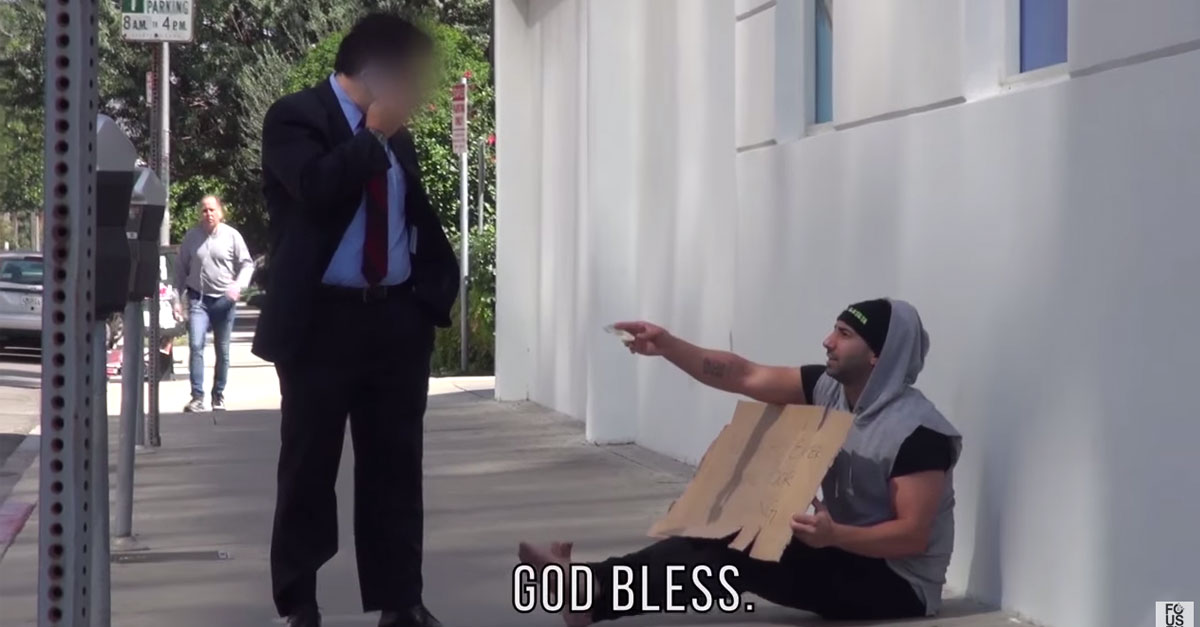 A "Homeless Man" Hands People Money On The Streets Of LA. Their reactions are impressive!