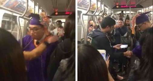 El metro se retrasó y no pudo llegar a su graduación, así que los pasajeros hicieron algo por él