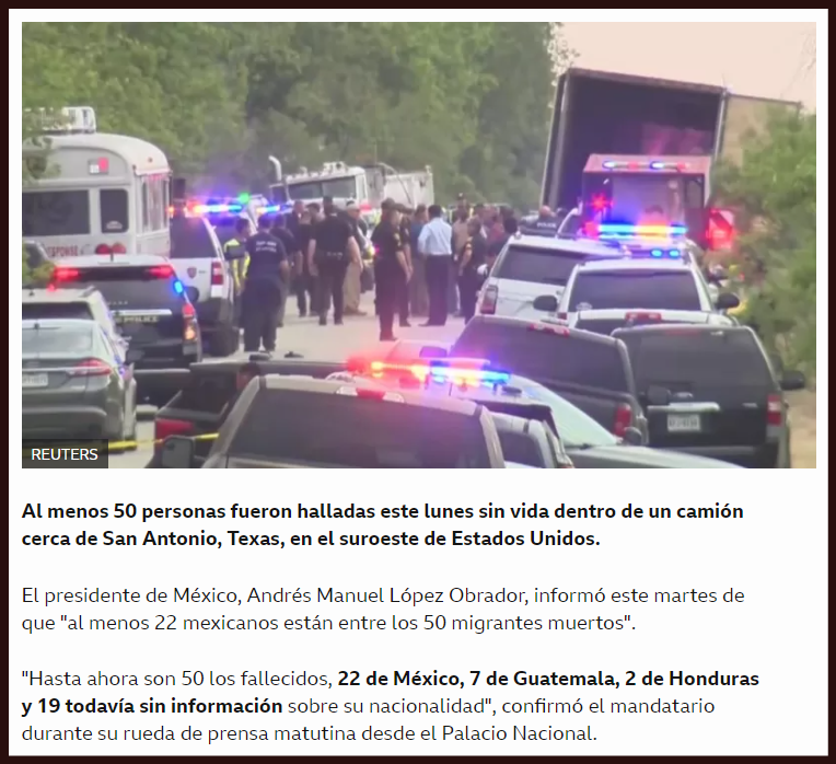 Hallan a 50 migrantes muertos en un camión abandonado en Texas, suroeste de Estados Unidos