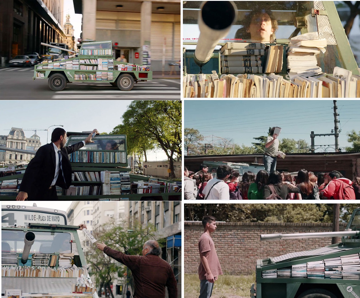 Un artista reparte libros en Argentina dentro de un tanque
