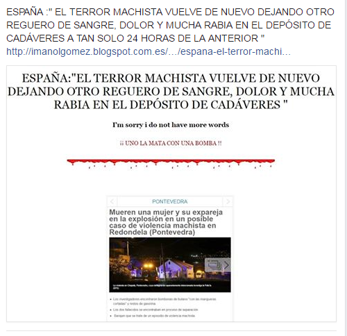 ESPAÑA:"EL TERROR MACHISTA VUELVE DE NUEVO DEJANDO OTRO REGUERO DE SANGRE, DOLOR Y MUCHA RABIA"