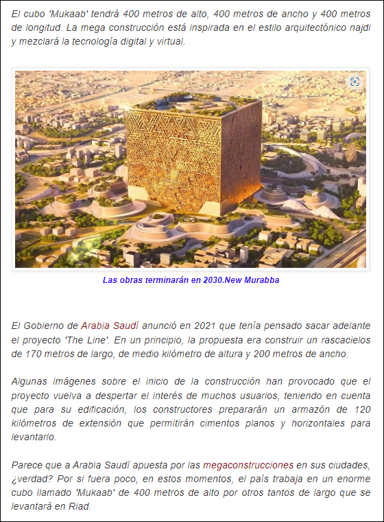  Arabia Saudí planea construir otra mega construcción, un cubo de lado 400, llamado Mukaab